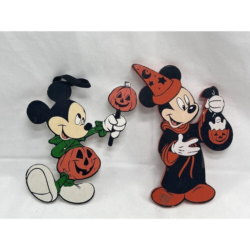 Vintage Walt Disney Co HALLOWEEN 2 MICKEY MOUSE 6” Wooden Ornament 1987 RARE